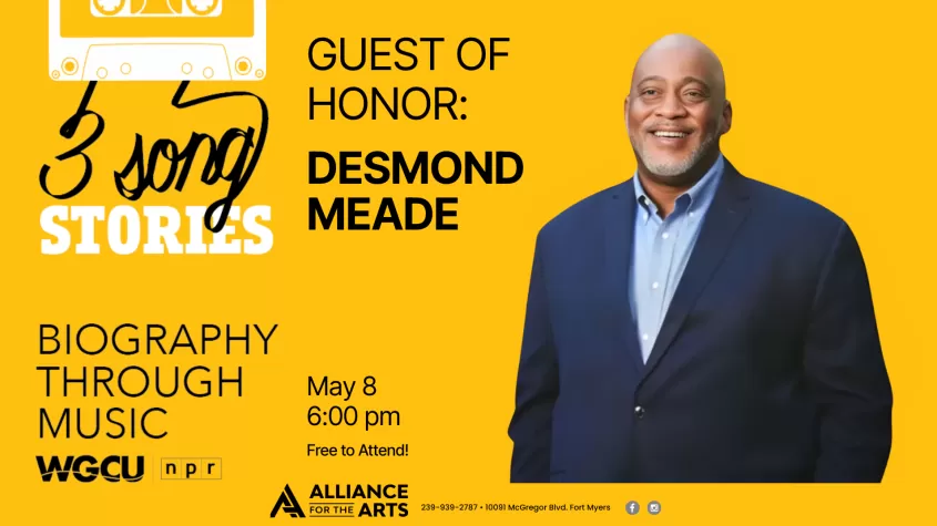 yellow background with 3 song story logo on the left and an image of a bald man in a suit on the right