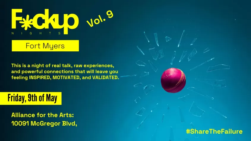 gradient teal background with a pink ball breaking the glass on the right and yellow font on the left stating the event details