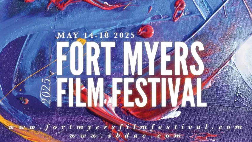 colorful swirled background of blues and purples with White font saying Fort Myers Film Festival