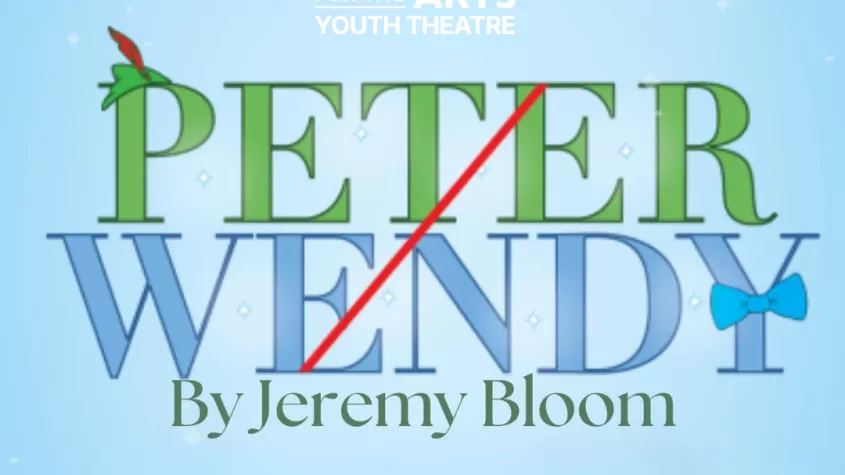 Sparkly blue background with green and blue font saying peter (with his hat on the P) and Wendy (with her bow on the y)