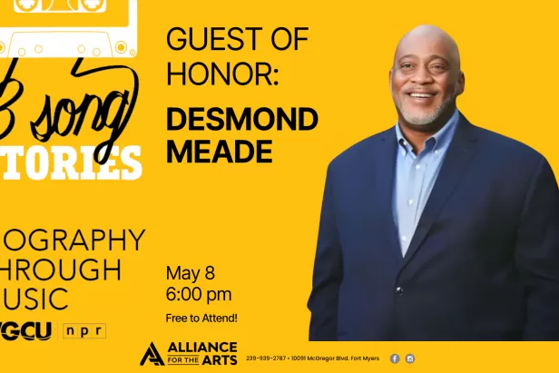 yellow background with 3 song story logo on the left and an image of a bald man in a suit on the right
