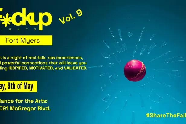 gradient teal background with a pink ball breaking the glass on the right and yellow font on the left stating the event details
