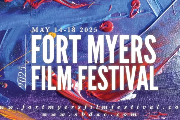 colorful swirled background of blues and purples with White font saying Fort Myers Film Festival
