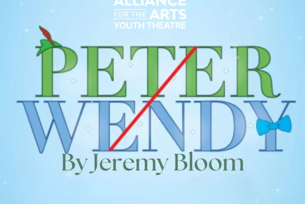 Sparkly blue background with green and blue font saying peter (with his hat on the P) and Wendy (with her bow on the y)

