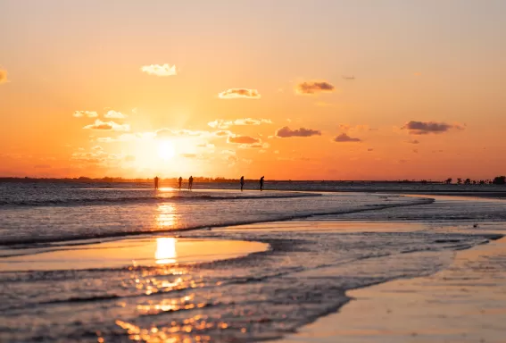 Sunset over a wide, shallow shoreline with silhouettes of people walking in the distance and golden light reflecting on the water.